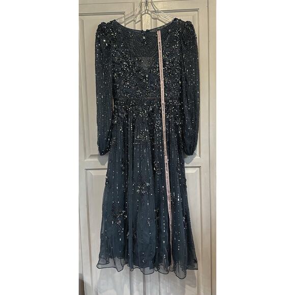 NWT Mac Duggal High Neck Size 6 Floral Embellished Puff Long Sleeve Midi Dress - Picture 3 of 16
